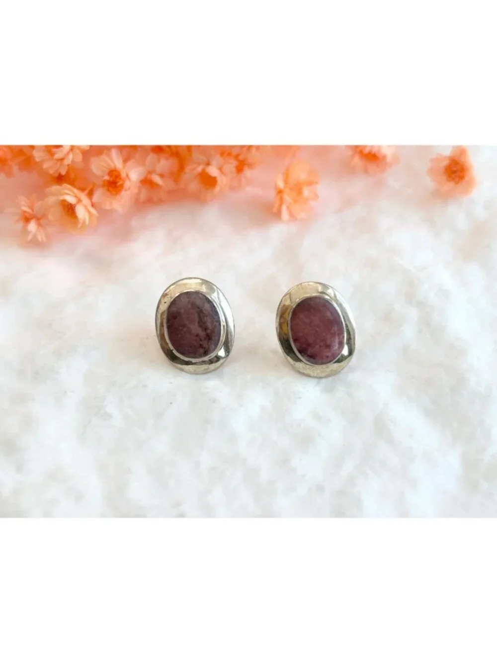 Natural Watermelon Rhodonite Gemstone Vintage Sterling Silver 925 Stud Earrings